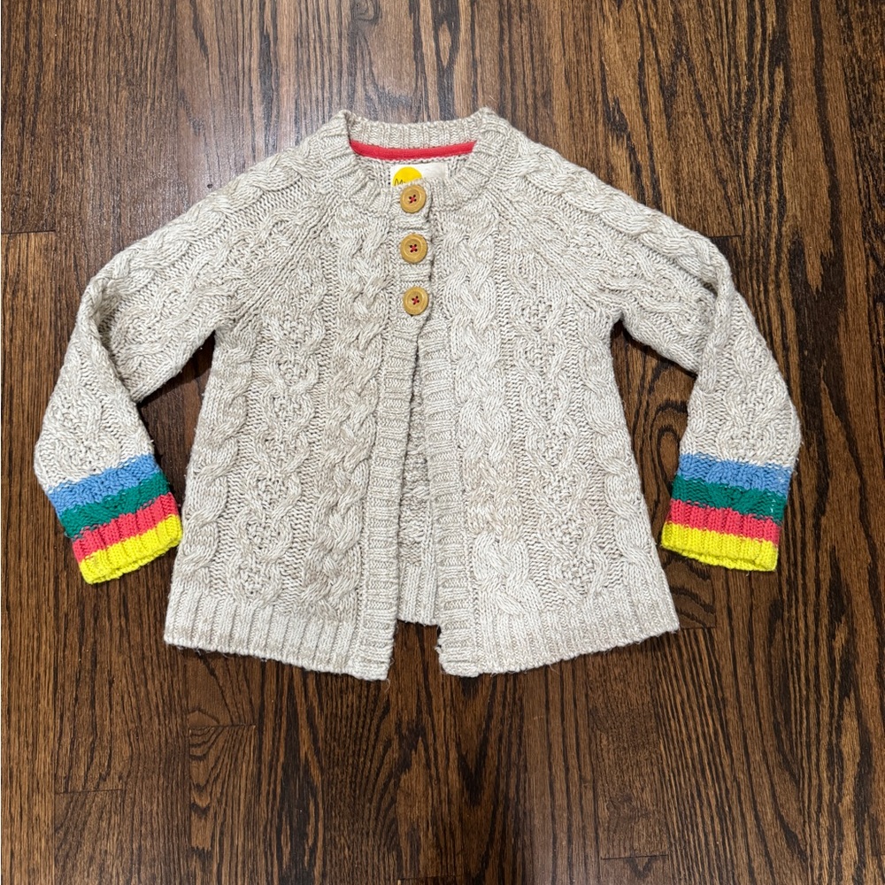 5-6Y Mini Boden Tan Sweater Cardigan with Rainbow Sleeves